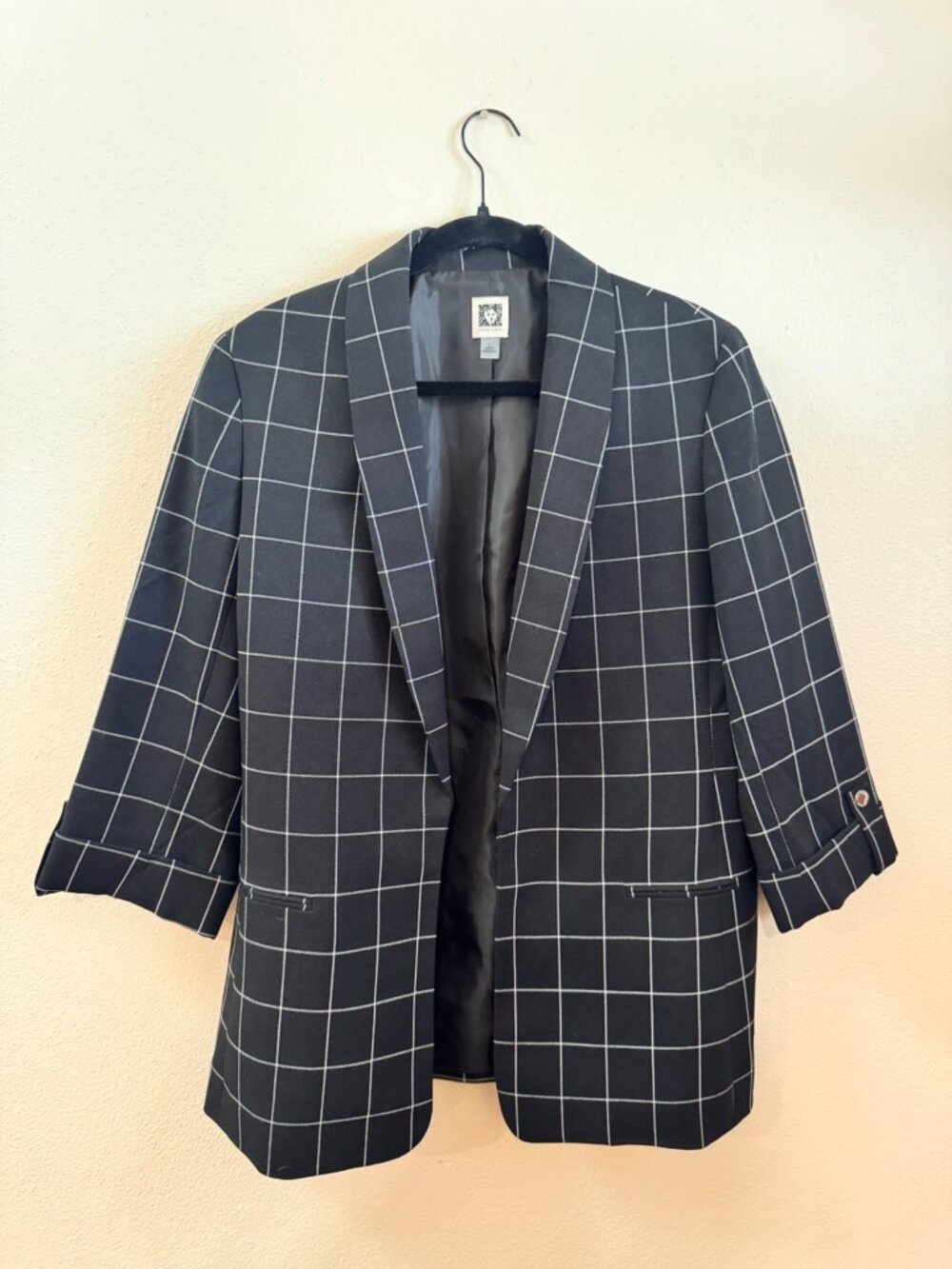 Anne Klein Black Windowpane Plaid Blazer Size Large 3/4 Sleeve